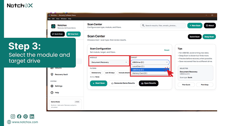 Select the module and target drive