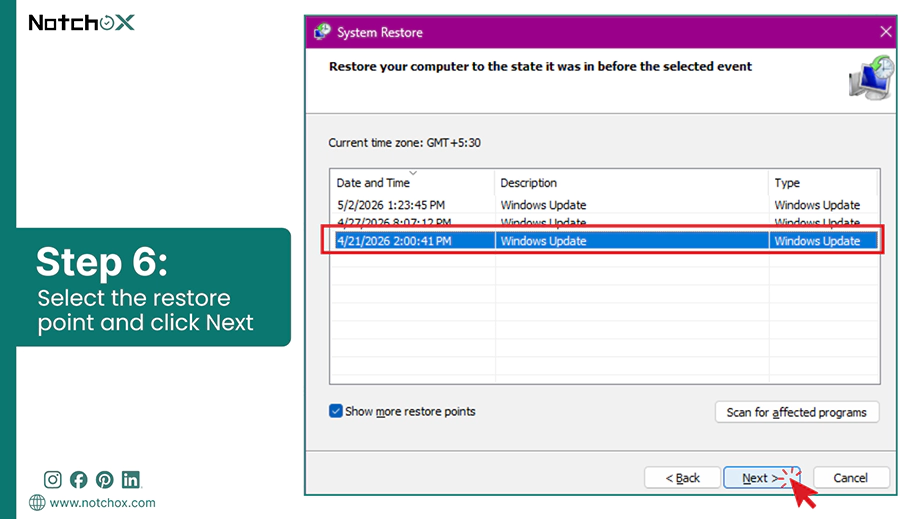 Select the restore point and click Next