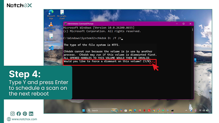 Type Y and press Enter to schedule a scan on the next reboot