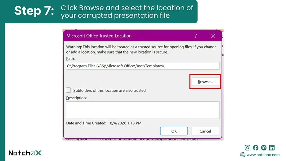 Click Browse and select the location of your corrupted presentation file