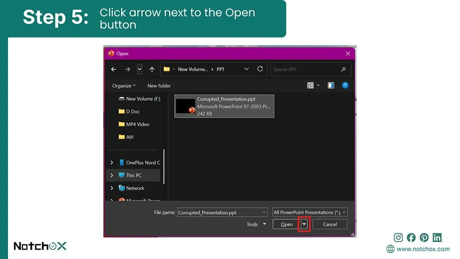 click arrow next to the open button