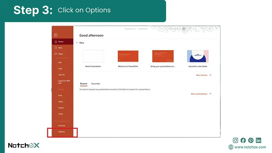 Click on Options