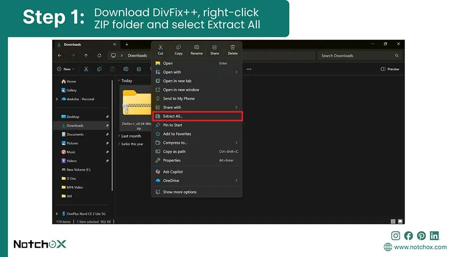 Download DivFix, right click ZIP folder and select Extract All