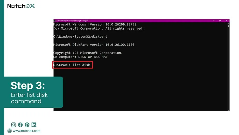 Enter list disk commandd