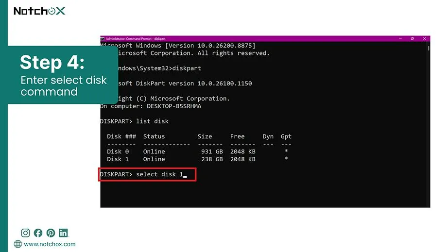 Enter select disk commandd