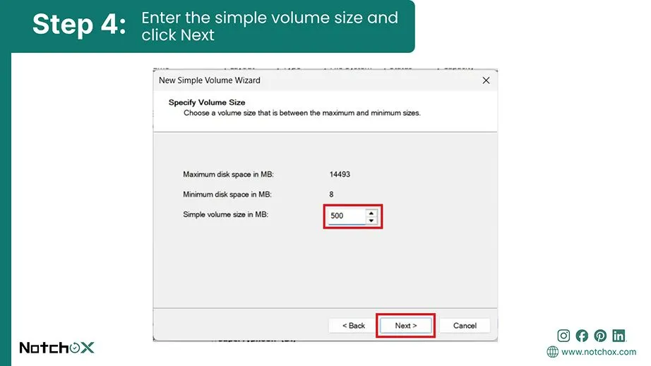 Enter the simple volume size and click Next