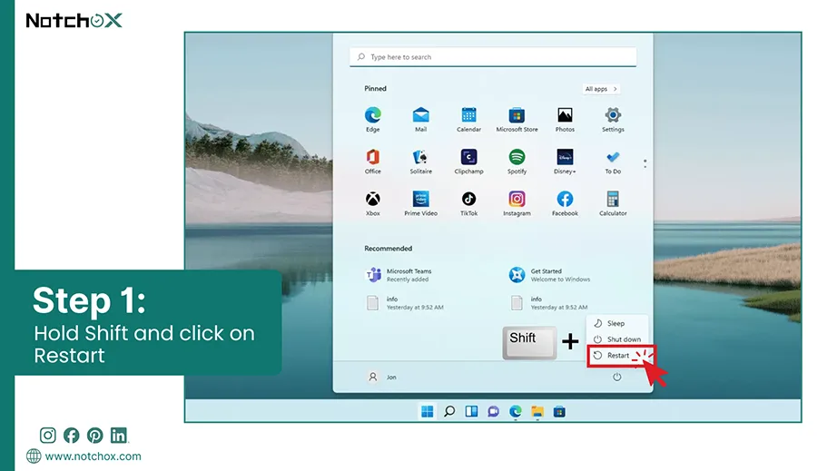 Hold Shift and click on Restart