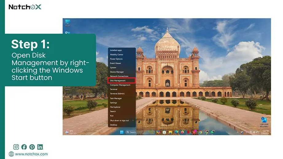 Open Disk Management by right-clicking the Windows Start button
