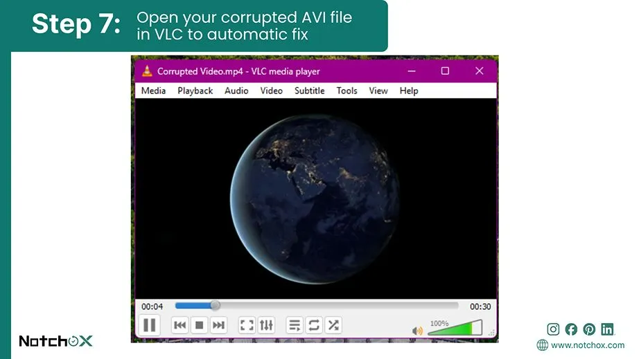 Open your corrupted AVI file in VLC to automatic fix