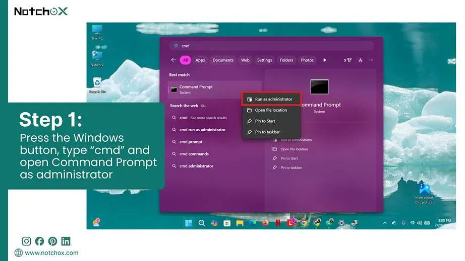 Press the Windows button, type “cmd” and open Command Prompt as administratorr