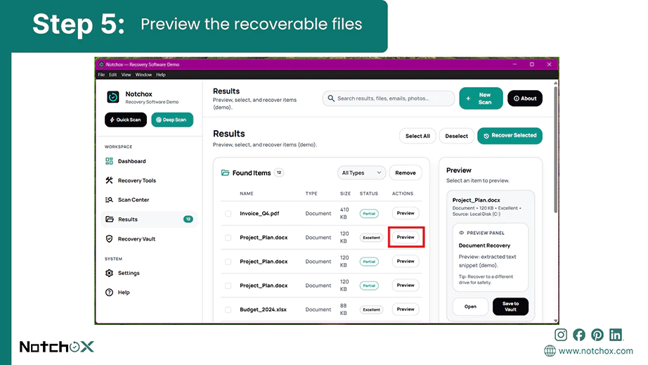 Preview the recoverable files