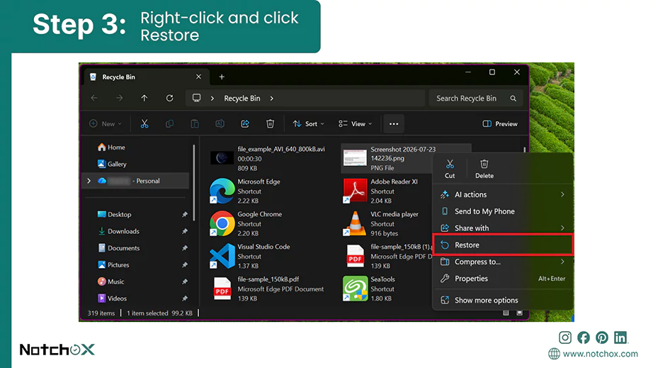 Right click and click Restore