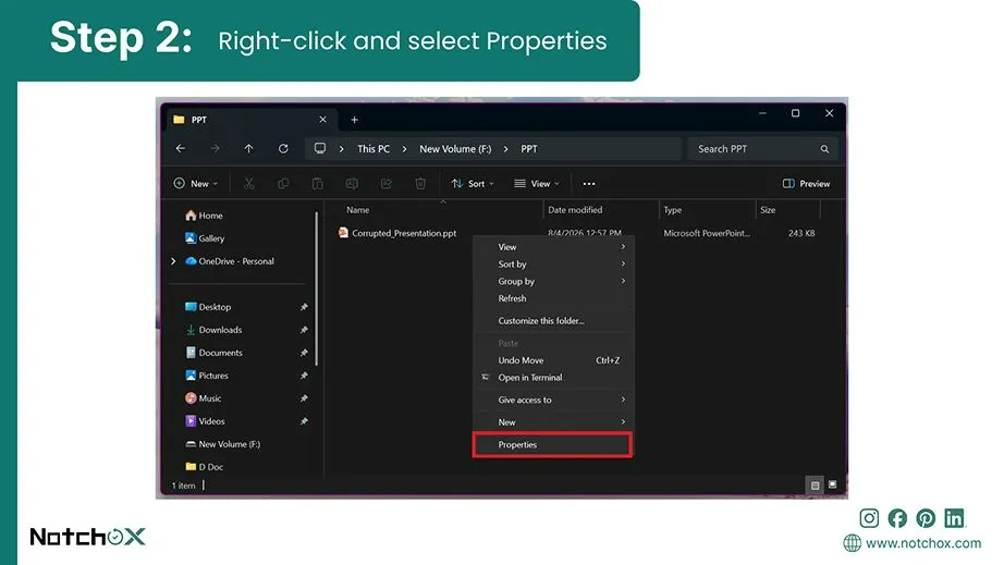 right click and select properties