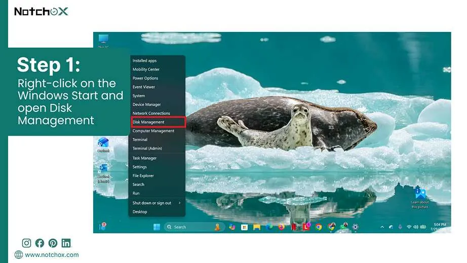 Right-click on the Windows Start and open Disk Managementt
