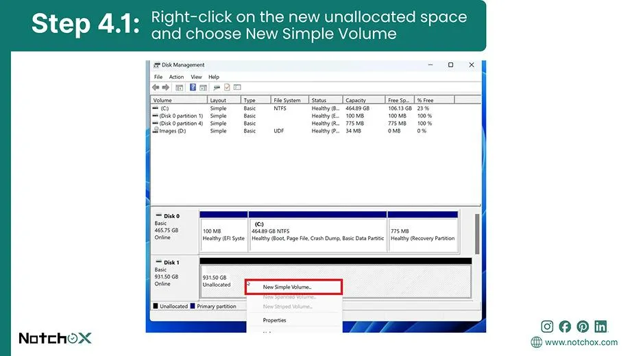 Right-click on the new unallocated space and choose New Simple Volume