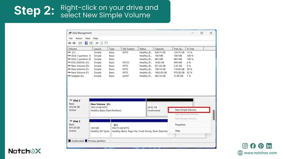 Right-click on your drive and select New Simple Volumee