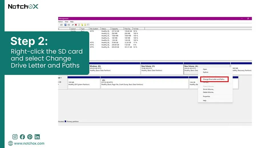 Right-click the SD card and Select Drive Letter and Path