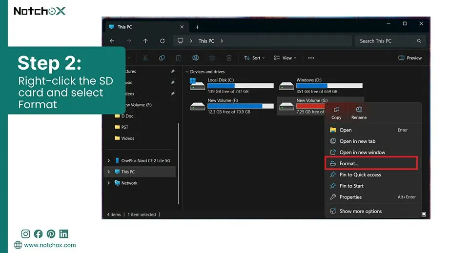 Right-click the SD card and select Format