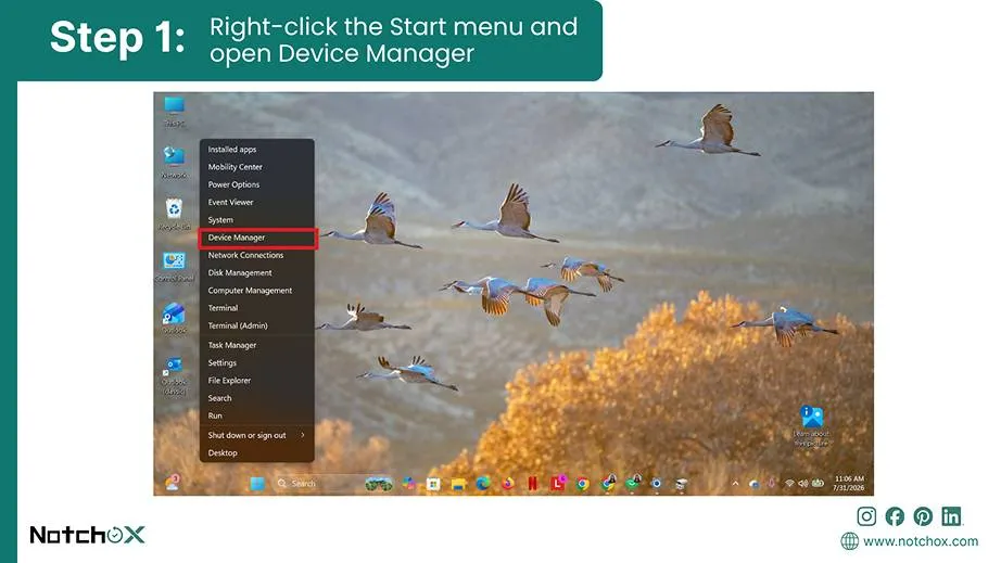 Right-click the Start menu and open Device Manager