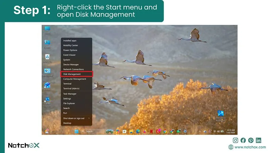 Right-click the Start menu and open Disk Management