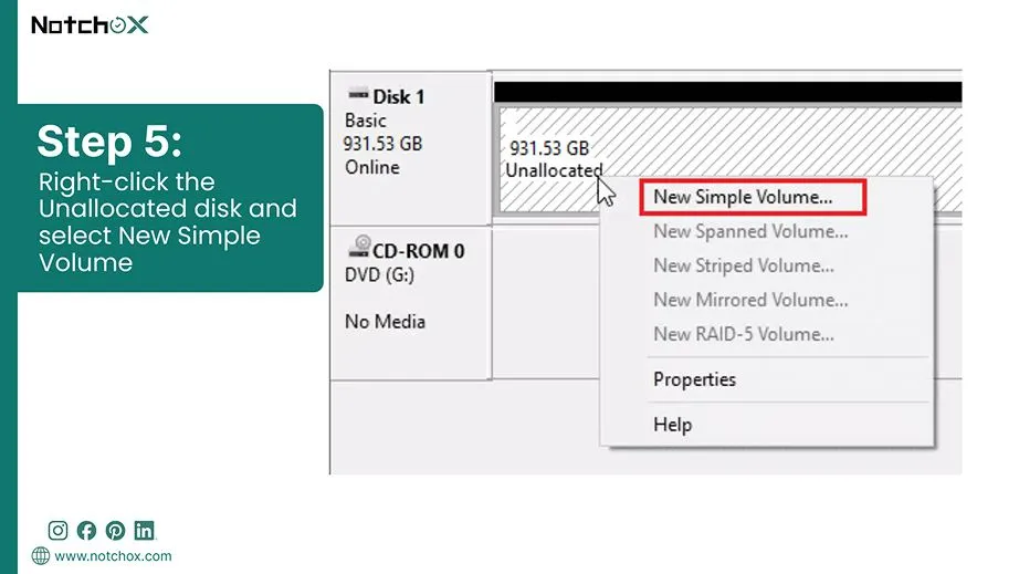 Right-click the Unallocated disk and select New Simple Volumee