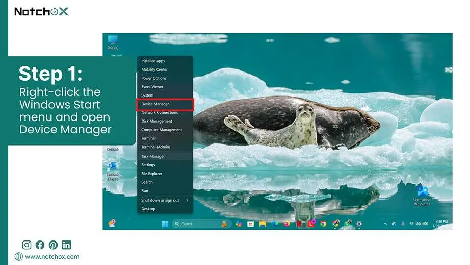 Right-click the Windows Start menu and open Device Managerr