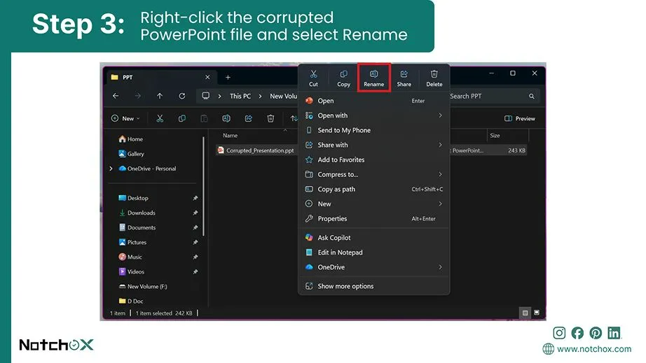 Right-click the corrupted PowerPoint file and select Rename
