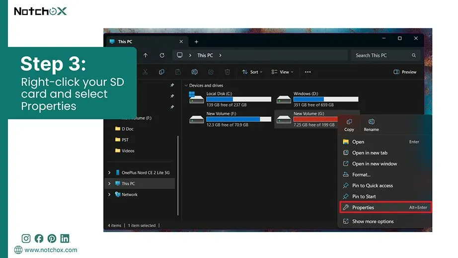 Right-click your SD card and select Properties