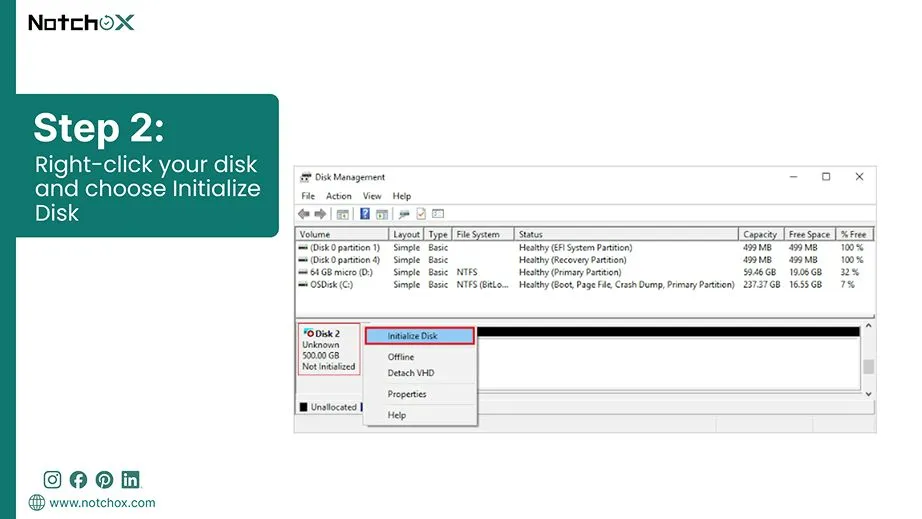 Right-click your disk and choose Initialize Diskk