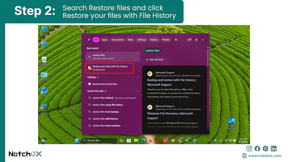 Search Restore files and click Restore your files with File History