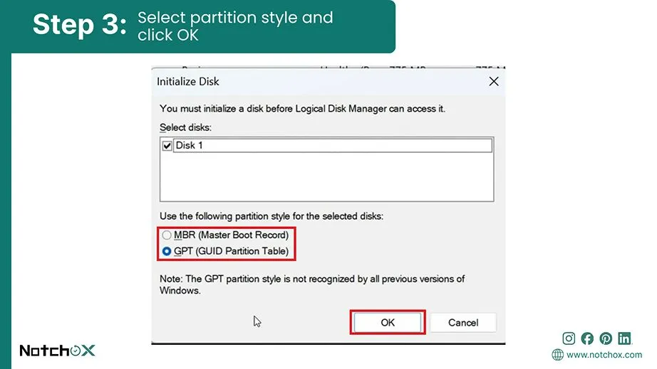Select partition style and click OK