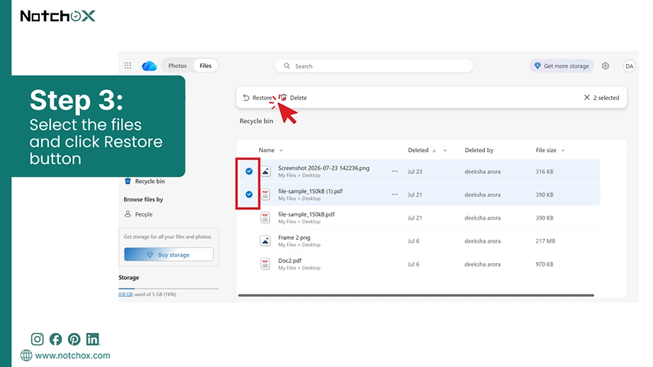 Select the files and click Restore button