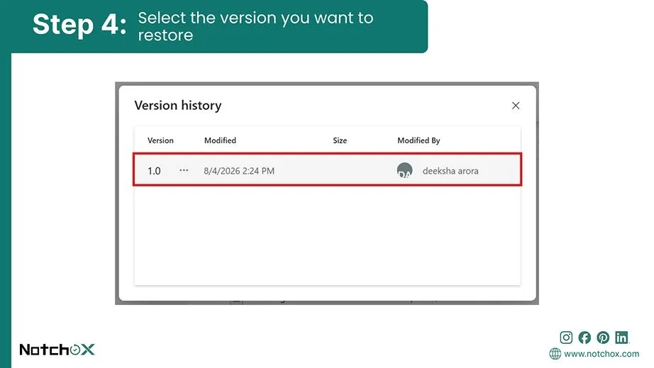 select the version you want to restore