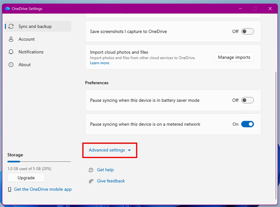 Advanced settings dropdown