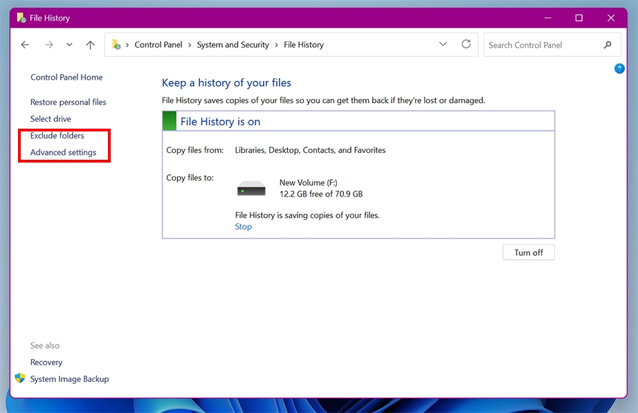 Advanced settings or Exclusions