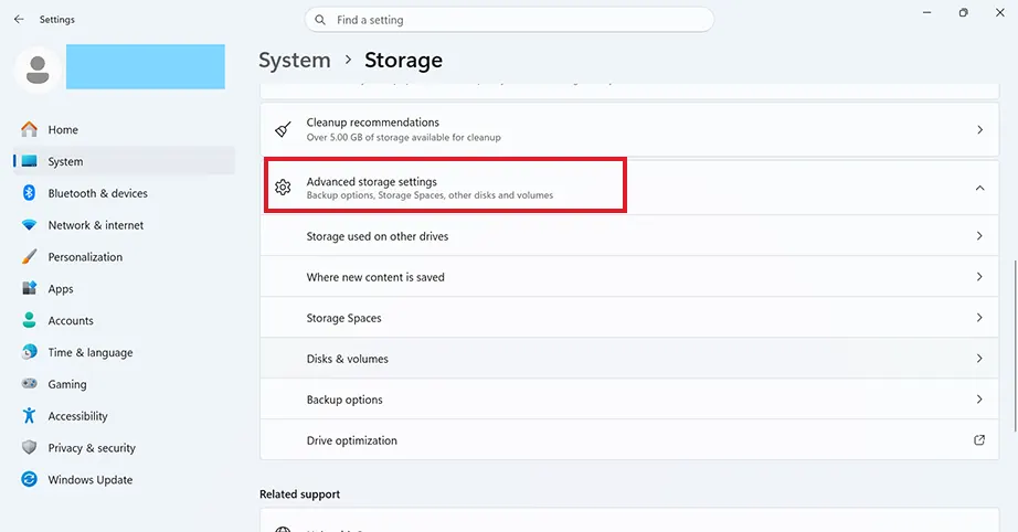 Advanced storage settings