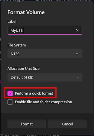 Check Perform a quick format