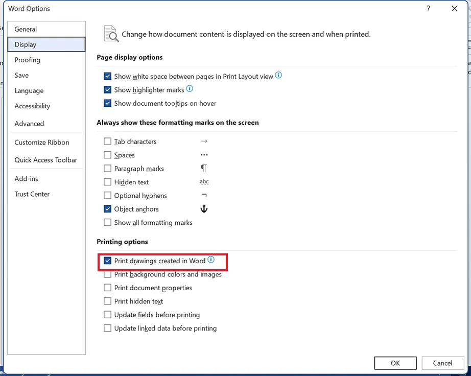 Check Print drawings created in Word