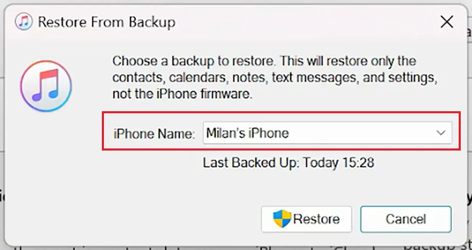 Choose the backup file to restore
