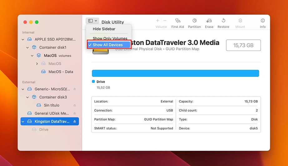 Click View and select Show All Devices