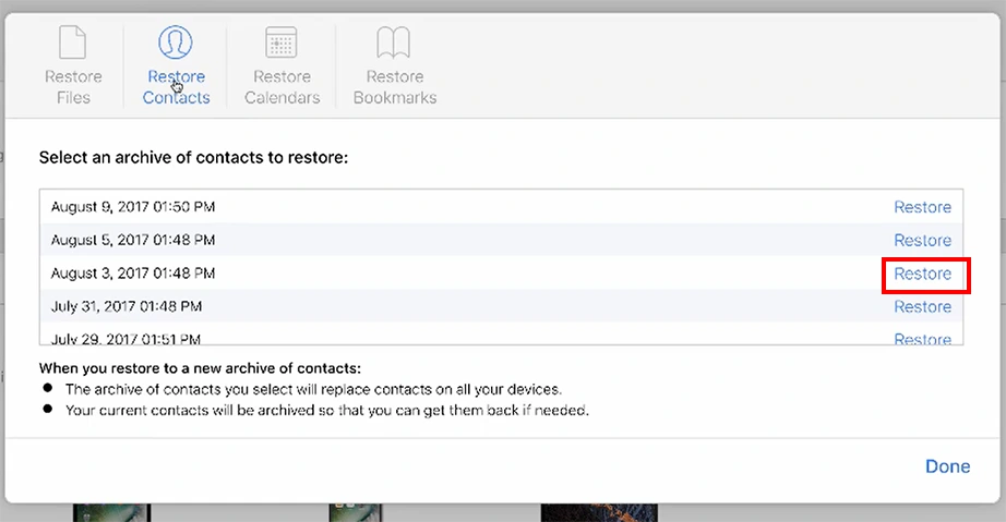 Click the Restore button