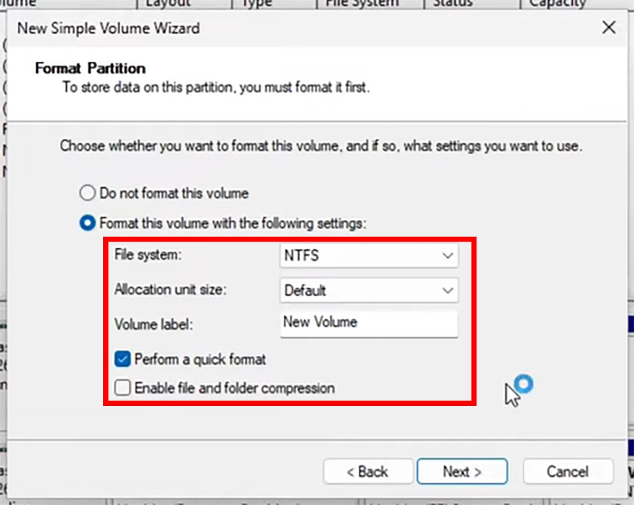 Configure the formatt