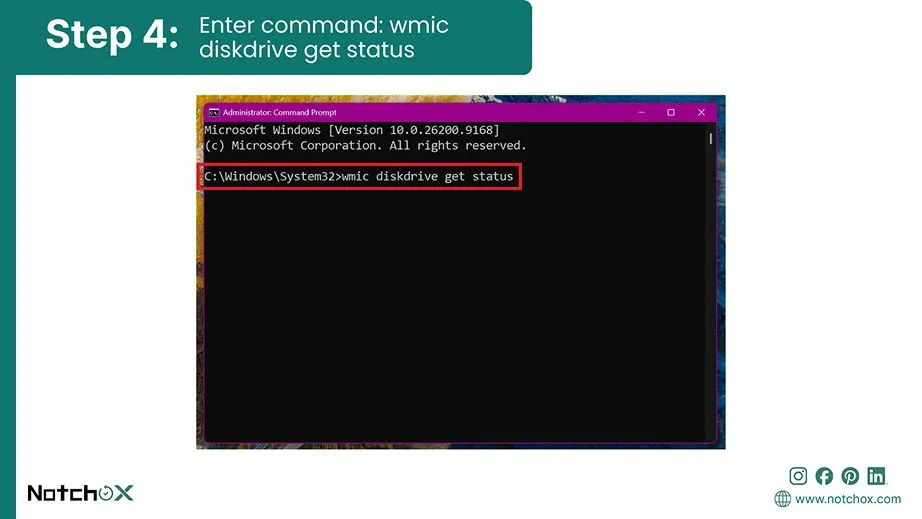 Enter command wmic diskdrive get status