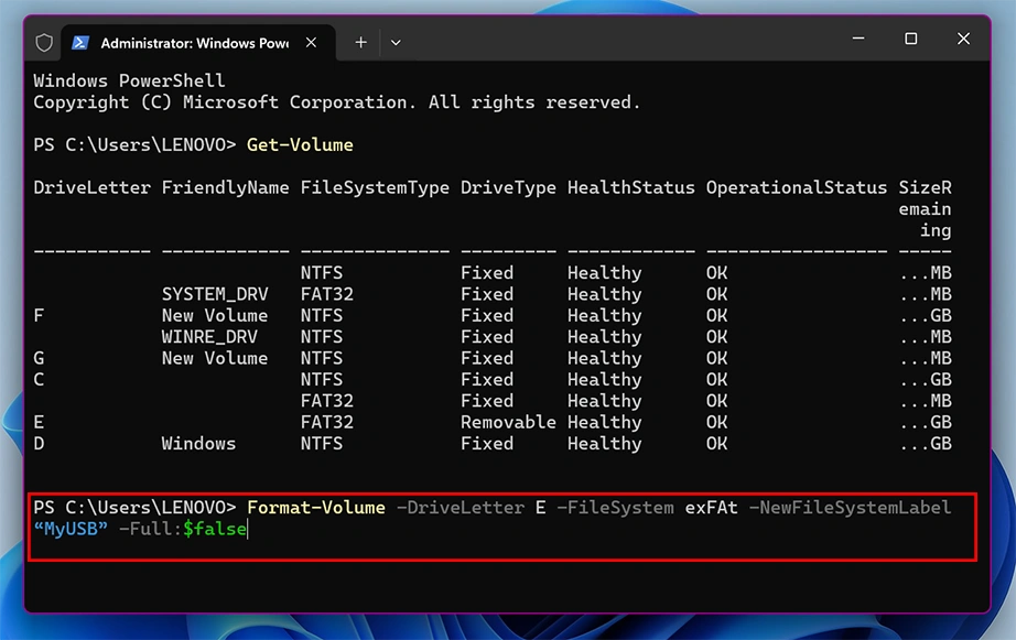 Format volume command