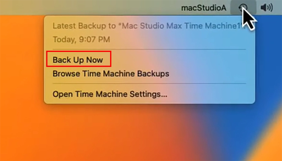 From the Time Machine menu, select Backup Now