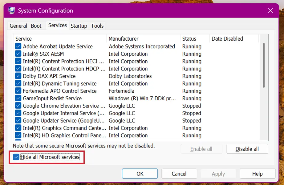 Hide all Microsoft services