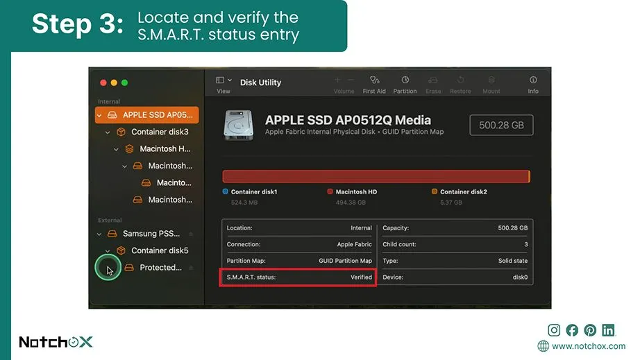 Locate and verify the S.M.A.R.T. status entry