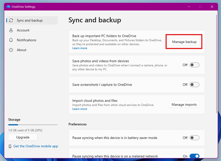 Manage backup button