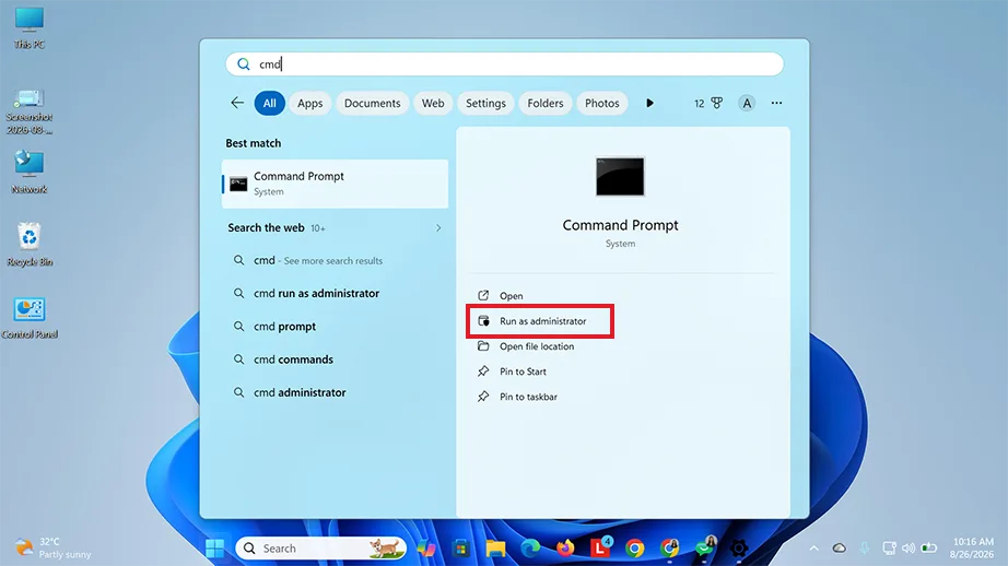 Open Command Prompt as administrator
