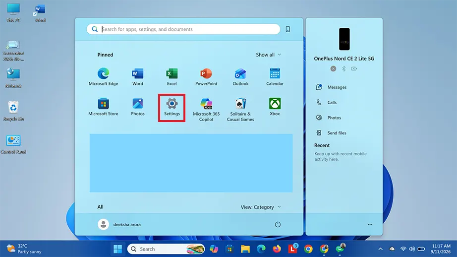 Open Settings on Windows